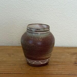 Studio Pottery Vase MCM Signed Stoneware Handmade Sgraffito Iron Glaze Vase